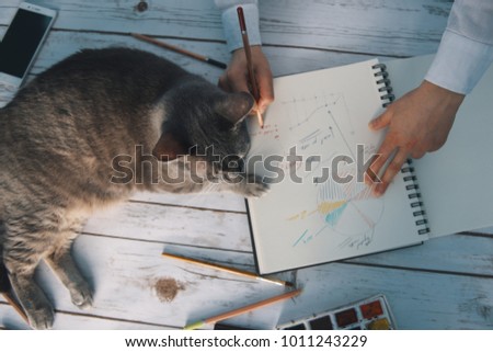 Girl working with charts, assisted by her car