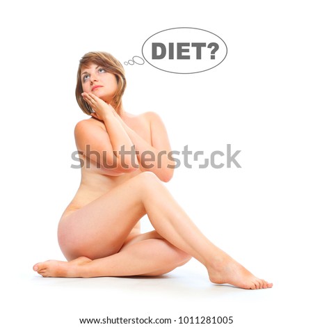 Overweight woman in bikini swimmsuit tanning on the beach. People isolated on white background. Healthy lifestyle, slimming and dieting theme. Weight loss idea. Picture with space for your text. 