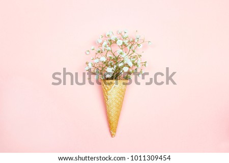 Waffle cone with gypsophila flowers on pink background. Flat lay, top view.