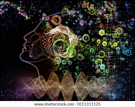 Digital Mind series. Backdrop design of silhouette of human face and technology symbols for works on computer science, artificial intelligence and communications