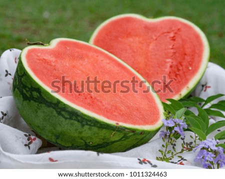Watermelon heart shape with green background, free space