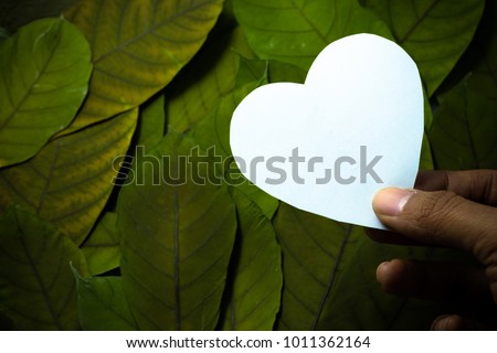 Hand holding a white paper cut into a heart-shaped paste on a dry leaf. Available space for text. Or more designs.