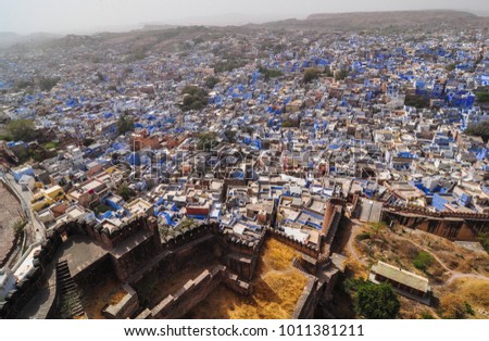 Aerial of Blue City in Jodhpur, India. Jodhpur, also know as the Gateway of Thar Desert, is a very popular tourist destination.
