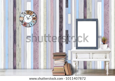 Mock up poster or photo frame  on white table with houseplant and stack of books, hipster minimalism loft desk space, copy space,earthtone color wooden background