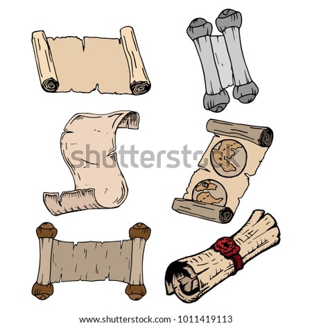 Vector illustration of a set of scrolls. Old scroll with a painted map and a scroll twisted into a roll with a seal. Vintage pirate scrolls. Parchment scroll, ancient papyrus or old blank letter.