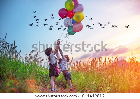 twin kids running on the meadow on the hills with holding in hand multicolor ballons and flock of birds in background Royalty-Free Stock Photo #1011419812