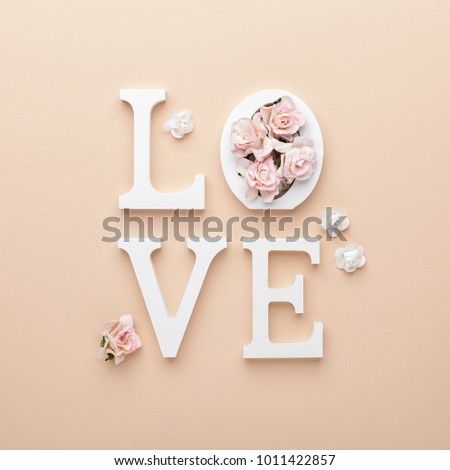 Valentines day concept with love letters and flowers. Flat lay, top view.