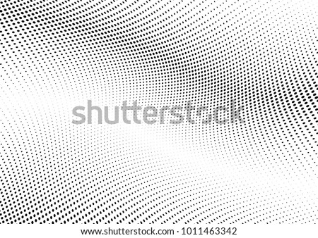 Abstract halftone wave dotted background. Futuristic twisted grunge pattern, dot, circles.  Vector modern optical pop art texture for posters, business cards, cover, labels mock-up, stickers layout Royalty-Free Stock Photo #1011463342