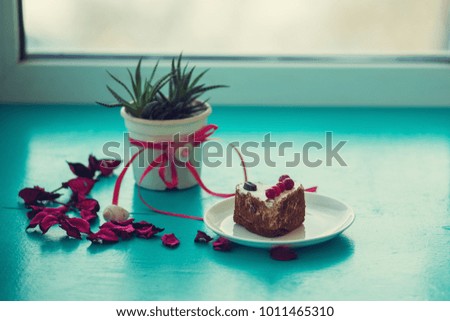 Valentine's Day, the day begins with a good mood - a heart shaped cake, stands on a green surface with pink rose petals, next to a cactus with a symbol heart on window blurred background.
