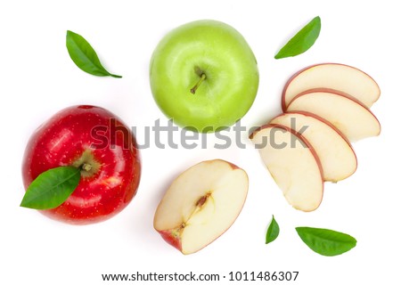 red and green apples with slices and leaves isolated on white background top view. Set or collection. Flat lay pattern