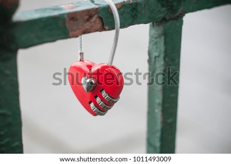 closeup of red padlock in shaped heart on metallic grid