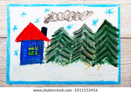Photo of colorful drawing: Beautiful winter landscape with cute house and coniferous trees