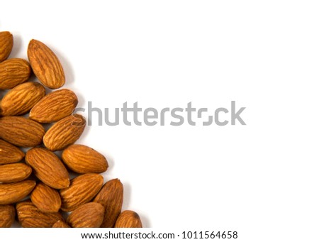 Raw Natural Organic Almonds Nuts Scattered Isolated on White Background Top View Healthy Food for Life Natural Light Selective Focus