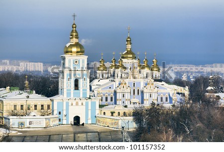 Bird's eye view of Saint Michael Gilded Orthodox cathedral  in winter, Kiev, Ukraine