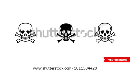 Poison sign skull and crossbones icon of 3 types: color, black and white, outline. Isolated vector sign symbol.
