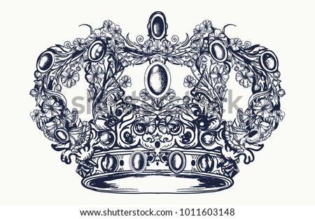 Royal imperial crown from art nouveau flowers tattoo and t-shirt design 