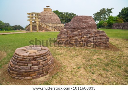 Sanchi Stupa, Ancient buddhist building, religion mystery, carved stone. Travel destination in Madhya Pradesh, India. 