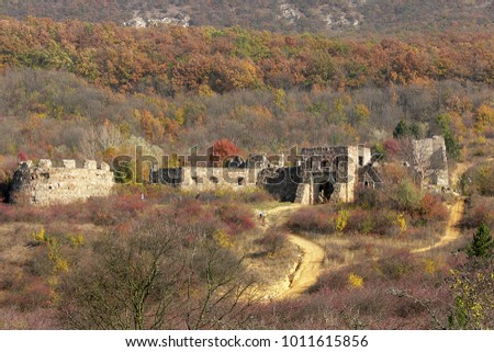 Autumn colors of the Pilis hills with castle ruins