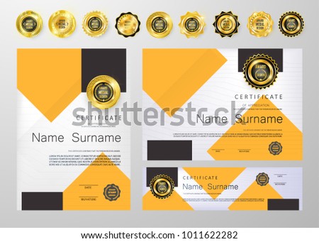 Qualification Certificate of appreciation design. Luxury vip and modern Certificate pattern, best quality award medal template, gold tapes, shapes, set of 6 medals types. Vector illustration. EPS 10.