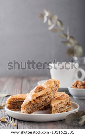 Traditional arabic dessert baklava with a cup of coffee, cashew, walnuts and cardamom with an eucalyptus branch on a wooden table. Homemade baklava with nuts and honey. Royalty-Free Stock Photo #1011622531