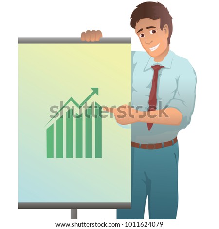 Confident young man standing near flip chart and pointing.Creative business concept. Vector illustration. Flat design