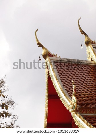 roof detail of Thai buddhism temple architecture contemporary Thailand style in one northern temple of CHIANG MAI province, THAILAND