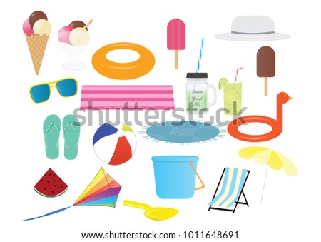 Set of vacation, summer, travel, pool, beach elements on white background