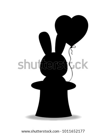 Black silhouette of rabbit with heart shaped balloon in the black magic cylinder hat isolated on white background. Monochrome illustration, sign, symbol, icon, clip art for greeting card design