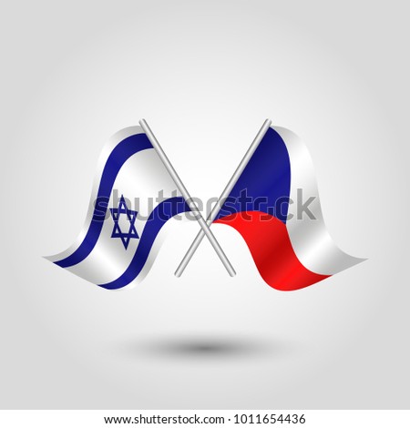 vector two crossed israeli and czech flags on silver sticks - symbol of israel and czech republic