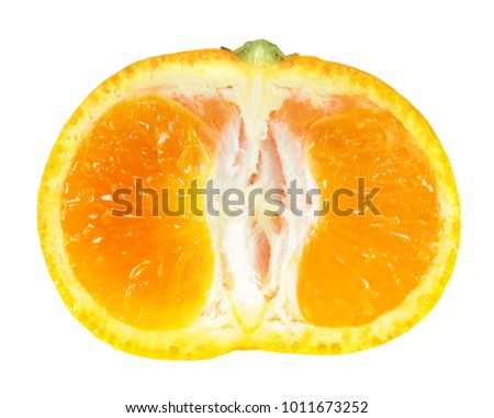 Mandarin cut in half inside longitudinal section isolated on white background