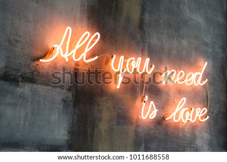 Illuminated sign with the hand-written letters  "All you need in love"