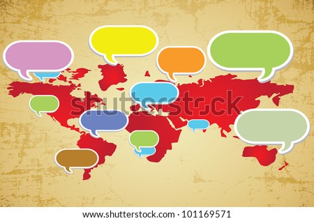 Collection of colorful speech bubbles and old map