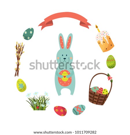 Set of flat Easter decoration elements - bunny, basket of eggs, cake, willow branches, spring flowers, ribbon, vector illustration isolated on white background. Easter set of bunny, eggs and flowers