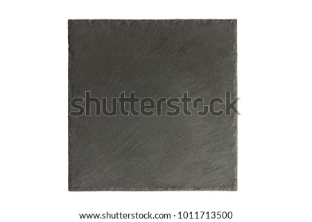 Square slate board. Black slay tray for food isolated on white background.