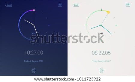 Clock application on light and dark background. Concept of UI design, day and night variants. Digital countdown app, user interface kit, mobile clock interface. UI elements, 3D illustration Royalty-Free Stock Photo #1011723922