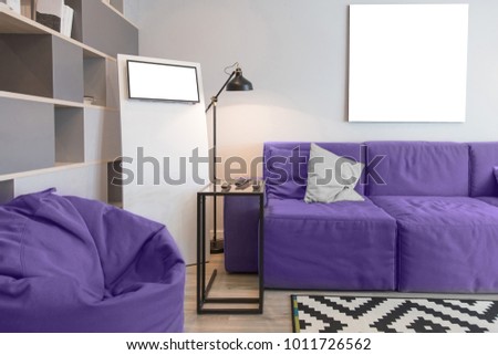 Interior of the room in light colors. Mockup in colors of the year 2018, ultra violet.