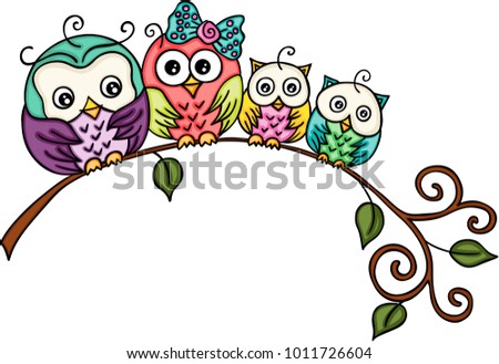 Cute owl family on a branch
