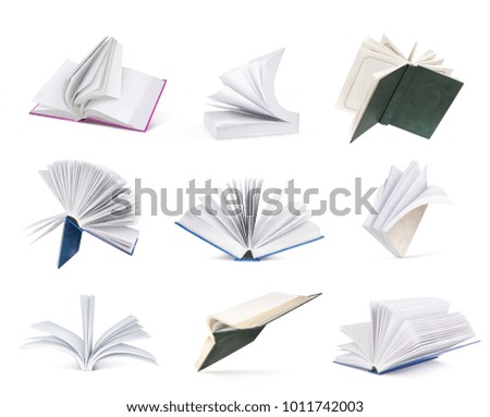 Set of open books with clean pages isolated on white background