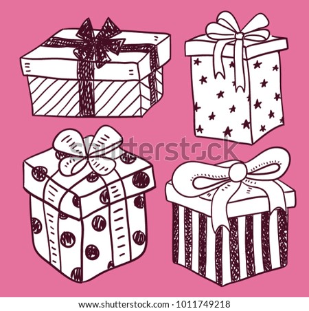 hand drawn gift boxes on pink background 