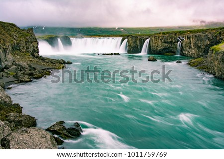 Gorgeous Godafoss waterfalls in north Iceland. Slow shutter speed, silk effect
