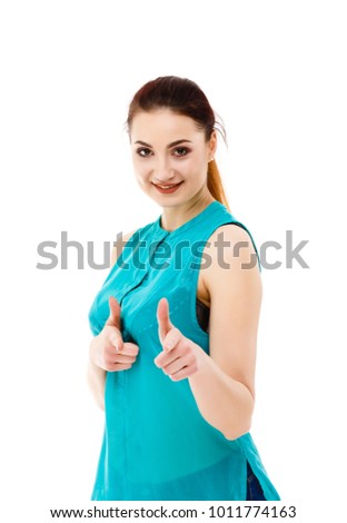 Woman showing OK sign isolated on white background 