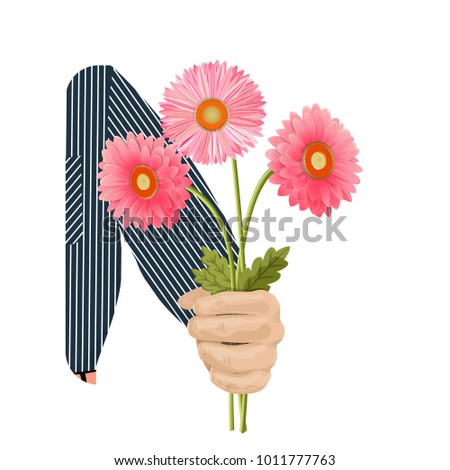 A man s hand gives a bouquet with three pink gerberas. Flowers for birthday, March 8, Valentine s Day, anniversary. For gift cards, banners. Isolated on white background, vector illustration.