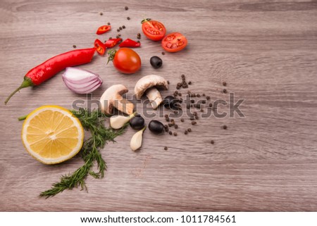 Healthy food background / studio photo of different fruits and vegetables on wooden table. Copy space. High resolution product
