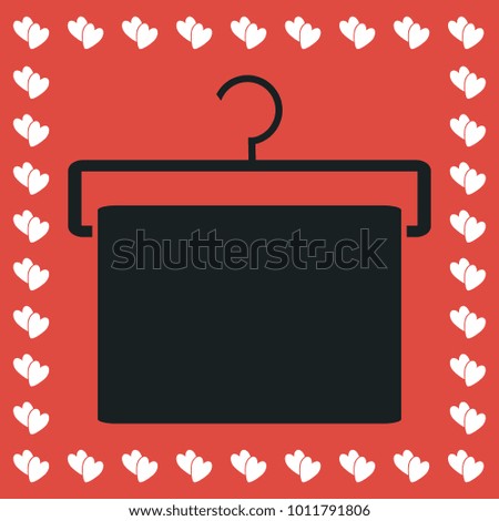 Hanger with towel icon flat. Simple black pictogram on red background with white hearts for valentines day. Illustration symbol