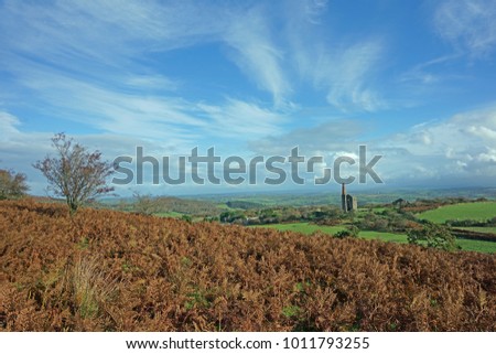 Panorama view of Bodmin Moor in Winter, the ruins of a Cornish Tin Mine, the Phoenix United Mines Prince of Wales Engine House can be seen in the distance, near Minions, Bodmin Moor, Cornwall, UK