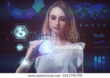 The concept of business, technology, the Internet and the network. A young entrepreneur working on a virtual screen of the future and sees the inscription: Investigate