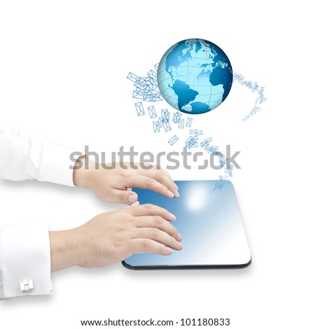 Hand touching tablet PC with incoming mails and globe for internet, social connectivity