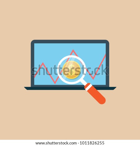 Magnifying glass on the graph of the growth of the profit of money. Vector illustration .