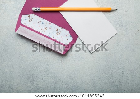 Letter for Valentine's Day or other holiday concept, top view, flat lying, empty space for text.