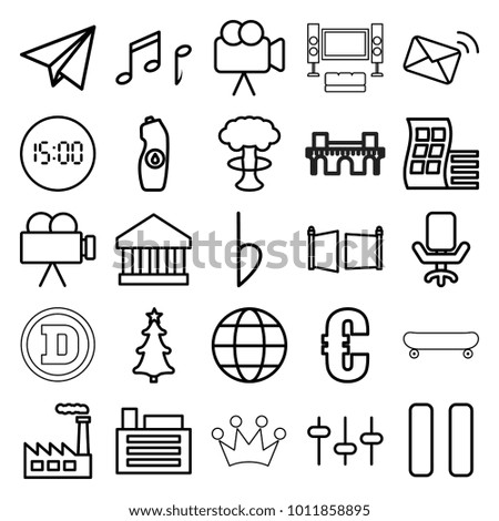 Modern icons. set of 25 editable outline modern icons such as modern curved building, euro, bank, water bottle, nuclear explosion, factory, equalizer, camera, pause, bemol